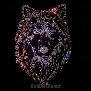 May include: A wolf head design created with shimmering, multi-coloured rhinestones set against a solid black background. The intricate pattern outlines the facial features and fur texture of the animal. The text NextClover is visible at the bottom.