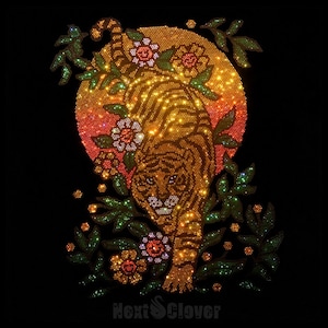 May include: A rhinestone transfer design featuring a tiger walking through foliage against a large circular sun. The tiger is rendered in gold and orange tones, surrounded by green leaves and multi-colored flowers. The text NextClover is at the bottom.