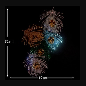 May include: A cluster of four peacock feather designs created with sparkling rhinestones in shades of orange, blue, green, and silver. The arrangement measures 32 cm in height and 19 cm in width, set against a solid black background.