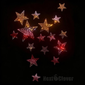 May include: A collection of star-shaped appliques covered in shimmering rhinestones in shades of red, orange, and gold against a black background. The stars vary in size and are arranged in a scattered pattern. The text NextClover is visible.