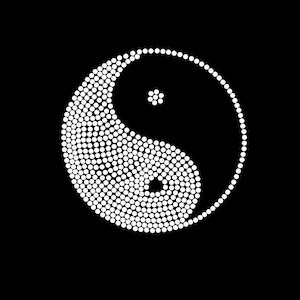 Könnte beinhalten: Ein schwarz-weißes Yin-Yang-Symbol aus kleinen weißen Kreisen auf schwarzem Hintergrund.