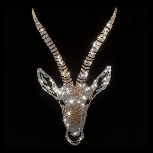 May include: A sparkling gazelle head design created with numerous small rhinestones in shades of silver, bronze, and copper. The animal features long, curved, ringed horns and pointed ears, all set against a solid black background.