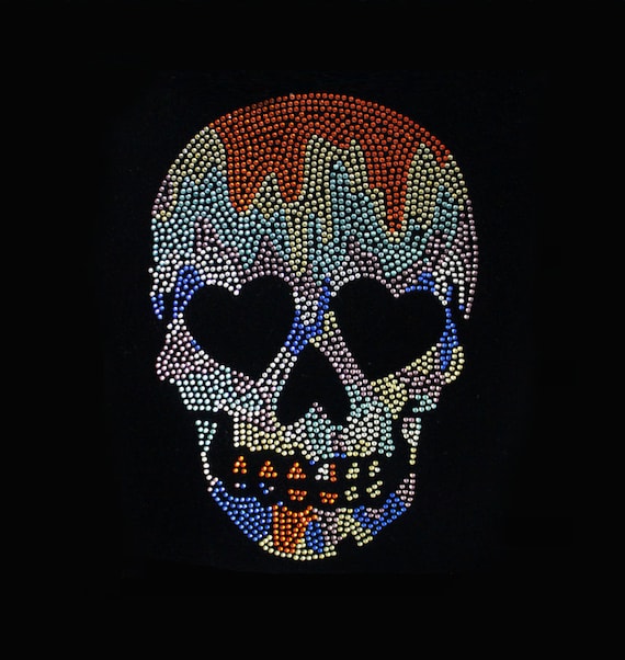 Skull Rhinestone Transfer Bling Hot Fix Iron on Patch Motif Design