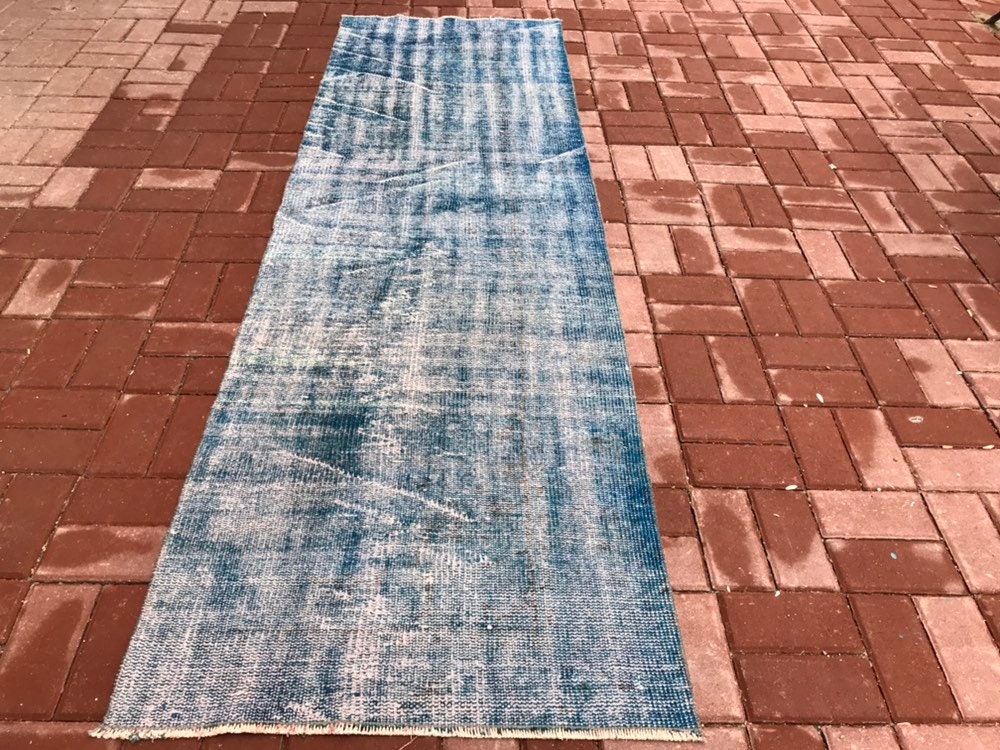 Light Blue Runner Rug vintage Rugkilim Rugoverdyed Etsy