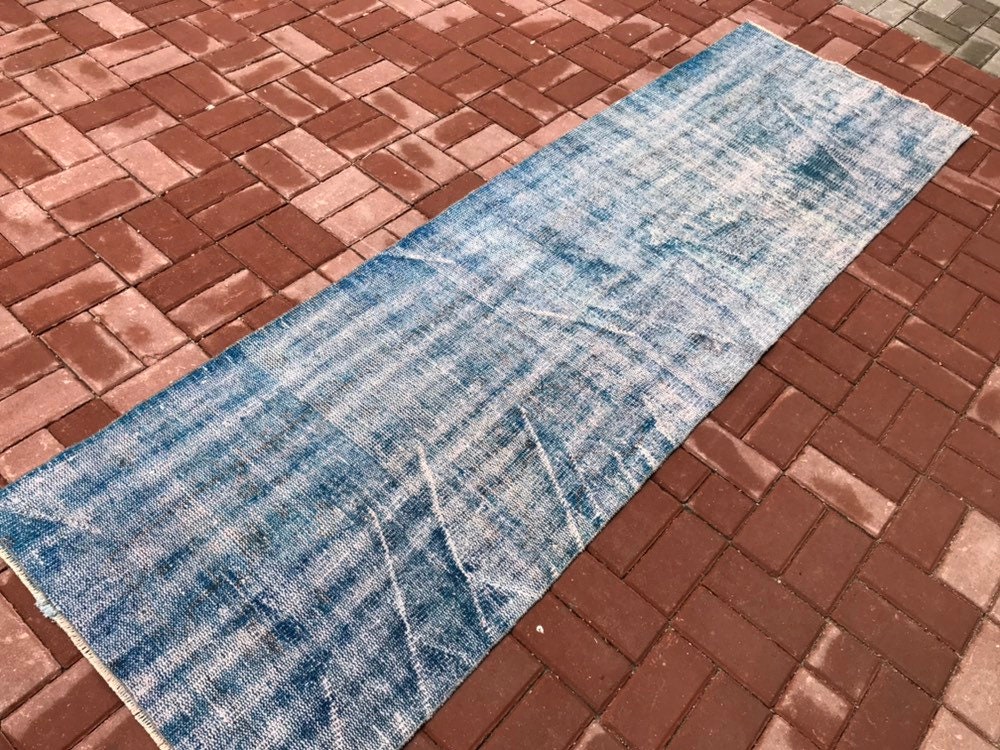 Light Blue Runner Rug vintage Rugkilim Rugoverdyed Etsy