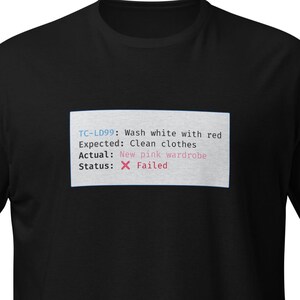 Può includere: T-shirt nero con grafica rettangolare. La grafica include il testo: "TC-LD99: Wash white with red, Expected: Clean clothes, Actual: New pink wardrobe, Status: X Failed."