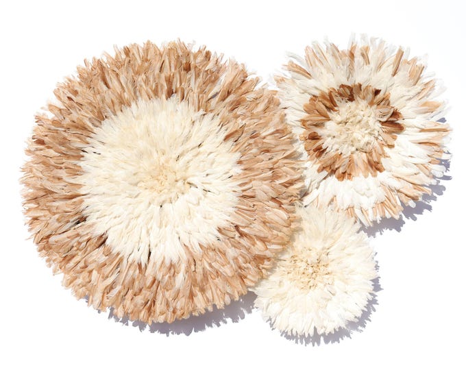Set of 3 - White + Natural Juju Hat Wall Decor – Handmade African Feather Headdress, Boho Tribal Wall Art, Large Feather Home Accent