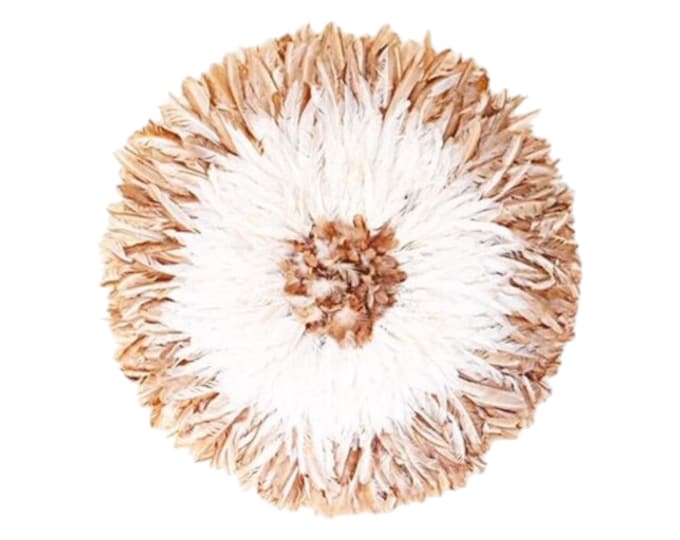 White + Natural Juju Hat Wall Decor – Handmade Feather African Headdress, Boho Tribal Wall Art, Modern Statement