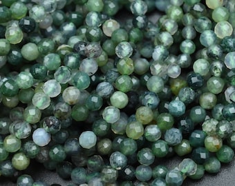 Perles rondes à facettes d’agate de mousse naturelle, perles à facettes lâches de 2 mm / 3 mm, pour les bijoux de bricolage, la fabrication de perles de bracelet.Perles en gros.