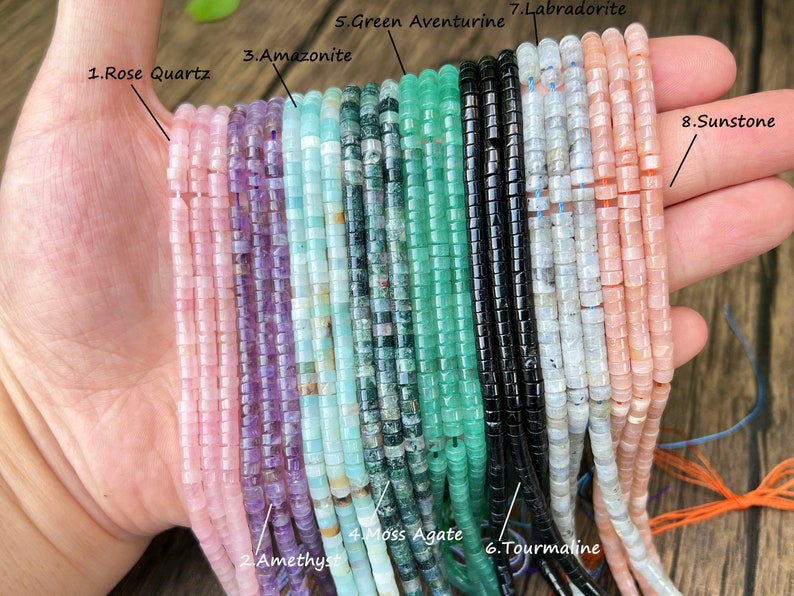Perles HeiShi en pierres précieuses naturelles, perles rondelles 2x3 mm/2x4 mm, améthyste/quartz rose/cristal/amazonite. Plus de choix de perles HeiShi, pour la fabrication de bijoux. image 2