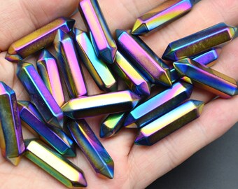 Rainbow Aura Crystal Double Terminated Point Beads,For DIY/Jewelry Making Beads,No Hole Pendants,Double Point Beads,Meditation Point Beads.