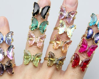 17 Colors Zircon Butterfly Ring,The Adjustable Ring,For Jewlelry Ring,Wholesale Ring,For Her Gift Ring,Plated 18K Gold Copper Ring.