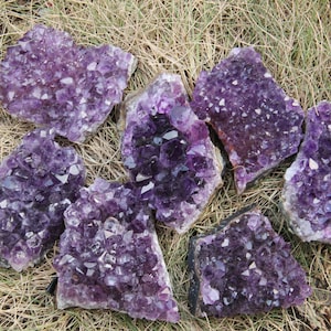 Könnte beinhalten: Eine Ansammlung von Amethyst-Kristallclustern in verschiedenen Formen und Größen. Die Kristalle zeigen einen tiefvioletten Farbton mit funkelnden, kristallinen Formationen. Die natürlichen Steinformationen sind auf trockenem Gras angeordnet.