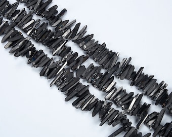 Natural Raw Matte Black Crystals Quartz Points Tower Beads,Obelisk Raw Quartz High Quality Mix Size Crystals Quartz Top Drilled Gemstone.