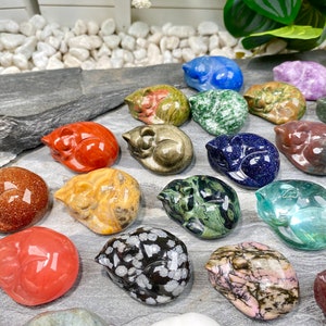 May include: A collection of 16 sleeping cat figurines carved from various types of polished stone. The figurines are in a variety of colors, including red, green, blue, brown, and white.