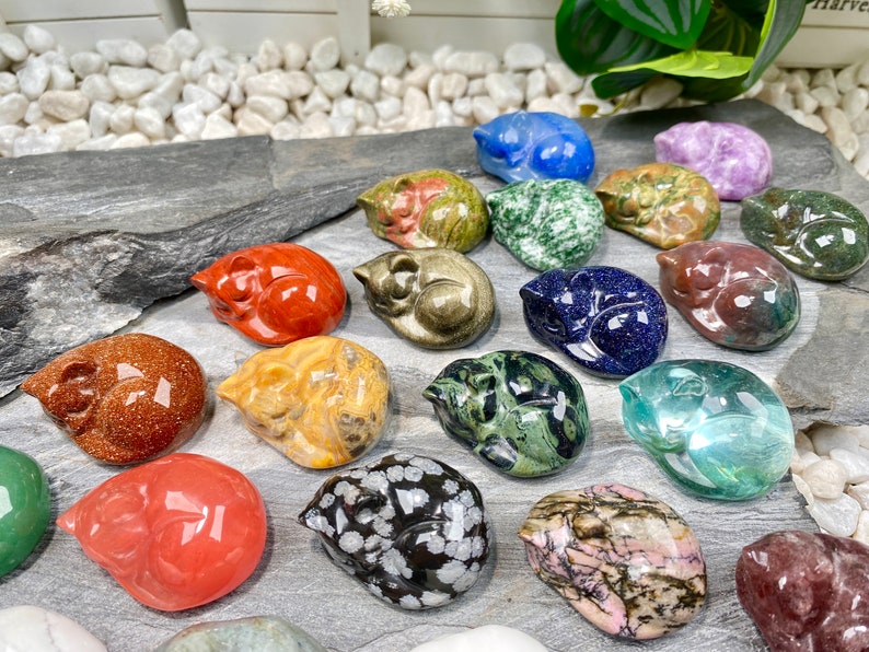 May include: A collection of 16 sleeping cat figurines carved from various types of polished stone. The figurines are in a variety of colors, including red, green, blue, brown, and white.