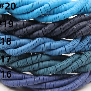 May include: A close-up of a stack of blue and teal colored round plastic beads. The beads are arranged in rows, with each row a slightly different shade of blue. The beads are labeled with numbers 16 through 20.