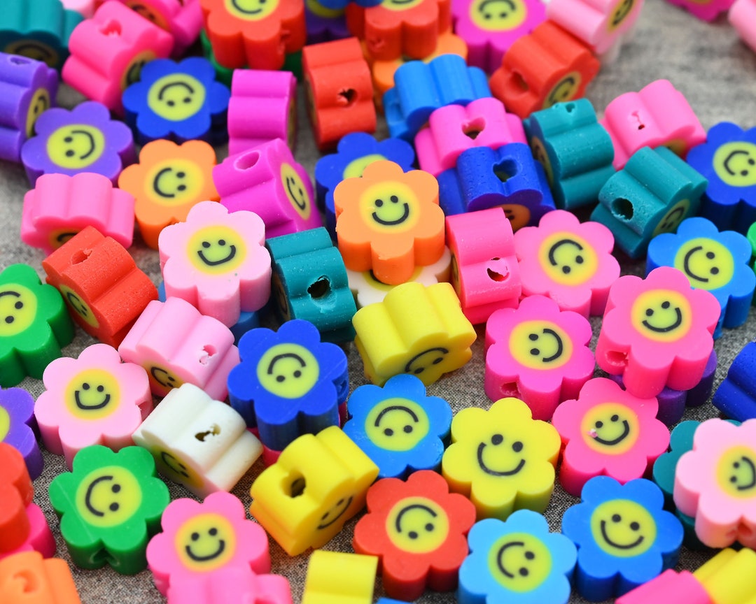 50 Pieces/10mm Flower Smiley Face Polymer Clay Beads,loose Polymer Clay