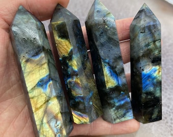 May include: Four labradorite crystal points with iridescent blue and gold hues. The points are polished and have a smooth, glassy finish.