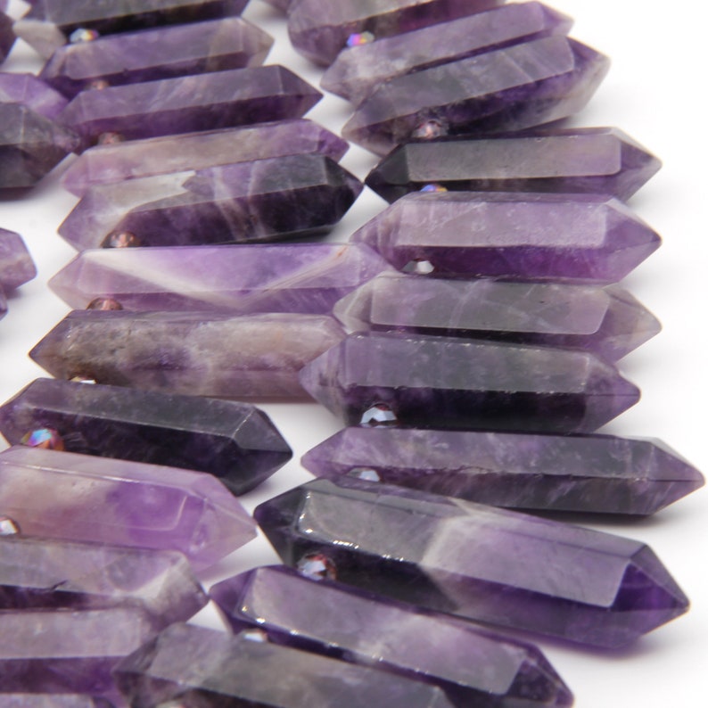 Natural Amethyst Crystals Quartz Point,Double Obelisk Large Crystals Quartz Point Beads,Healing Crystals,Top Drilled Hole Crystals Gemstone. image 2