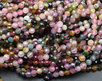Perles rondes à facettes de tourmaline naturelle, perles à facettes lâches de 2 mm / 3 mm / 4 mm, pour les bijoux de bricolage, la fabrication de perles de bracelet.Perles en gros.