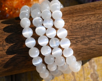 Natural Selenite Stretchy Bracelet,Handmade Women/Men Bracelet,Gemstone Round Bracelet,For Gift Bracelet,Healing Round Bracelet.