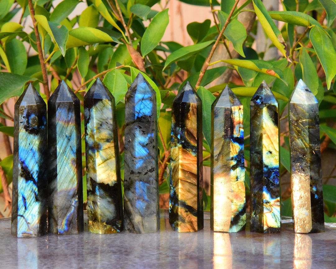 Natural Labradorite Obelisk Crystal Point - Healing Wand, Reiki Tower, Blue Flash Stone Decoration (3-4 Inches)