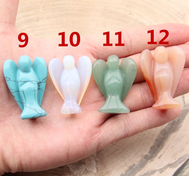 May include: Four small angel figurines carved from different types of stone. The angels are in a row from left to right: turquoise, white, green, and peach. The numbers 9, 10, 11, and 12 are written above each angel.