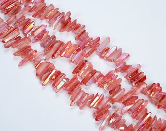Pontas de cristal de quartzo vermelho natural com revestimento eletrolítico de 15,9 polegadas. Alta qualidade, com furos na parte superior, tamanhos variados e fio completo de quartzo transparente.
