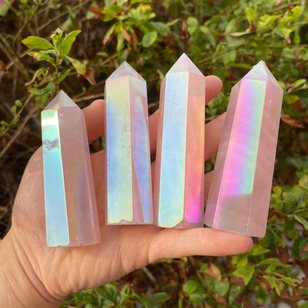 4 Inches Rainbow Rose Quartz Tower,plated Rainbow Color Obelisk Healing