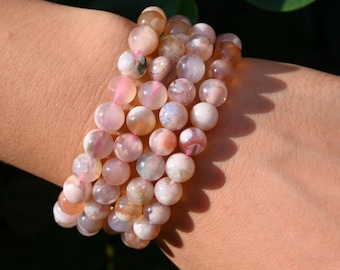 Natural Cherry Blossom Agate Stretchy Bracelet,Handmade Women Bracelet,Gemstone Round Bracelet,For Gift Bracelet,Healing Round Bracelet.