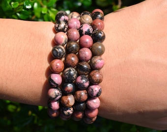 8MM Natural Rhodonite Stretchy Bracelet,Handmade Women/Men Bracelet,Gemstone Round Bracelet,For Gift Bracelet,Healing Round Bracelet.