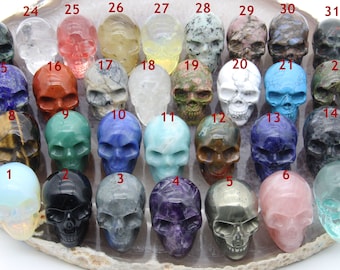 2 pouces 32 sortes de figurines de crâne de pierres précieuses décor à la maison, cristal/améthyste/Labradorite/Lapis Lazuli/obsidienne/opale/Pyrite, pour cadeau ami crâne
