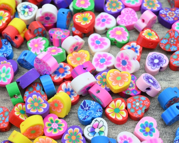 Bulk Beads Heart Beads Polymer Clay Heart Beads Assorted Beads 50 pieces  Wholesale Beads Floral Heart Beads