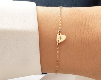 HAYLEY 14K Gold Filled Tiny Personalized Heart Bracelet, Tiny Initial Bracelet, Dainty Gold Bracelet, Custom Initial Bracelet, 925 Silver