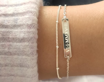 HANA Sterling Silver Double Chain Personalised Bracelet: Custom Name, Date, Roman Numerals