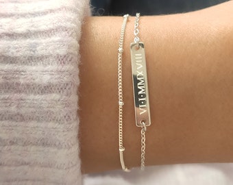 HANA 925 Silver Double Chain Bar Bracelet, Personalized Bar Bracelet, Layered Satellite Bracelet, Roman Numerals, Name, Date Bracelet, Gold