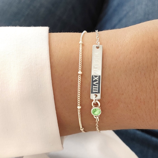INES 925 Sterling Double Chain Bracelet, Layered Bar Bracelet, Gemstone Bracelet, Birthstone Bracelet, Roman Numerals, Name Date Bracelet