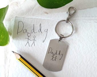 Porte-clés dessin d'enfant, cadeau pour papa, plaque d'identité pour chien avec dessin d'écriture manuscrite, porte-clés personnalisé pour grand-père, acier inoxydable