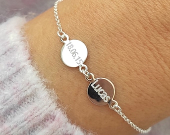 Bracelet disque personnalisé en argent sterling ALBA, nom, date, bracelet symbole, bracelet initiale délicate, cadeau bracelet pour maman, amie, grand-mère