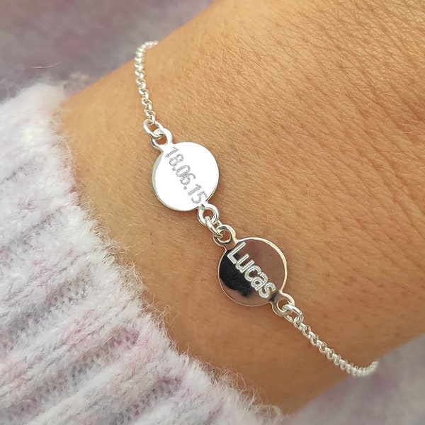 ALBA Sterling Silver Personalized Disc Bracelet, Name, Date, Symbol Bracelet, Dainty Initial Bracelet, Bracelet Gift for Mum, Friend, Granny