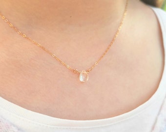 White Topaz Teardrop Necklace, Dainty Everyday Minimalist Crystal Necklace, 14k Gold Filled, Rose, Sterling Silver, Necklace Gift for Her
