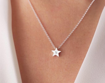 NOA 925 Silver Initial Star Necklace, Personalized Star Necklace, Gift for Mom, Gift for Girlfriend, Gift for Sister, Floating Star Necklace