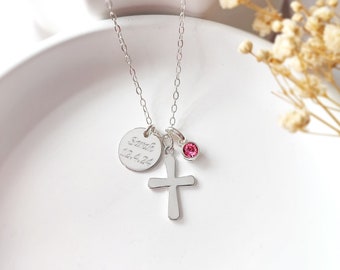 Collier première communion en argent sterling, cadeau première communion pour fille, cadeau de baptême, cadeau de confirmation, collier croix avec pierre de naissance