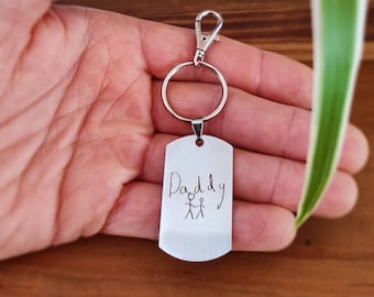 Actual Handwriting Keychain, Child's Drawing Keyring, Gift for Dad, Personalized Keychain for Grandpa, Gift for Men, Stainless Steel