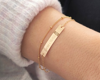 HANA Personalized Double Chain Bar Bracelet: Engraved Name, Roman Numerals, Silver, 14K Gold Filled