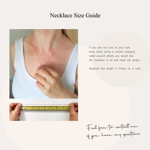 May include: A guide on how to measure your neck for a necklace. The image shows a person measuring the length of a string around their neck with a ruler. The text reads "Necklace Size Guide" and "Feel free to contact me if you have any questions."