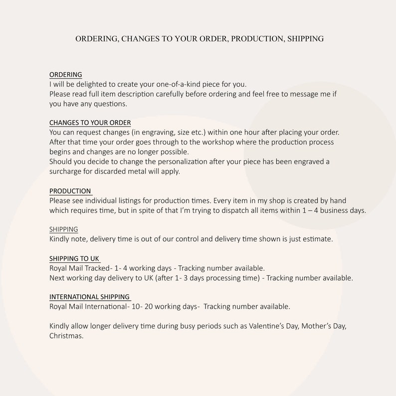 K&ouml;nnte beinhalten: Ein Textdokument, das die Prozesse f&uuml;r die Bestellung, &Auml;nderungen an Bestellungen, Produktion und den Versand eines Shops beschreibt. Das Dokument enth&auml;lt Informationen &uuml;ber Lieferzeiten, Sendungsverfolgungsnummern und internationalen Versand.