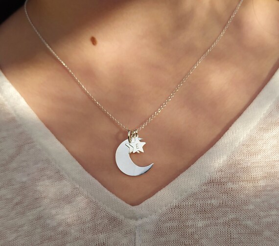 Moon Stars Initial Necklace 925 Sterling Silver Personalized