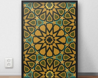 May include: A framed print of a geometric pattern in shades of gold, green, and black. The pattern is made up of repeating stars and diamonds.